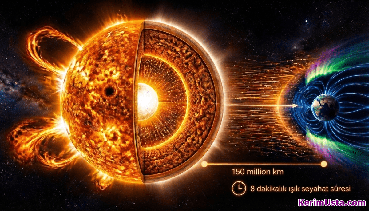 Güneş Hakkında Bilgiler? Yıldızımızı Yakından Tanıyalım - KerimUsta Güneş'in iç yapısını ve Dünya'ya olan uzaklığını gösteren infografik